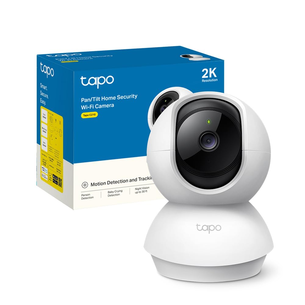 TP-Link Tapo C210 – Cámara IP WiFi 360° Cámara de Vigilancia 2K (3MP),Visión nocturna Admite tarjeta SD hasta 512 GB, Detección y seguimiento de movimiento, Control Remoto, Compatible con Alexa