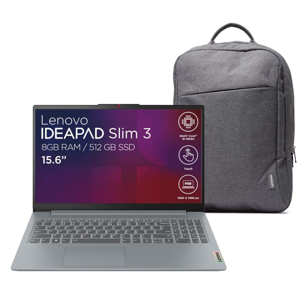 Lenovo Laptop + Mochila | IdeaPad Slim 3 | 15.6″ FHD Touchscreen Intel Core i3 (13va Gen) 8GB RAM 512GB SSD | Dolby Audio Cámara 1080 FHD Windows 11, Teclado QWERTY