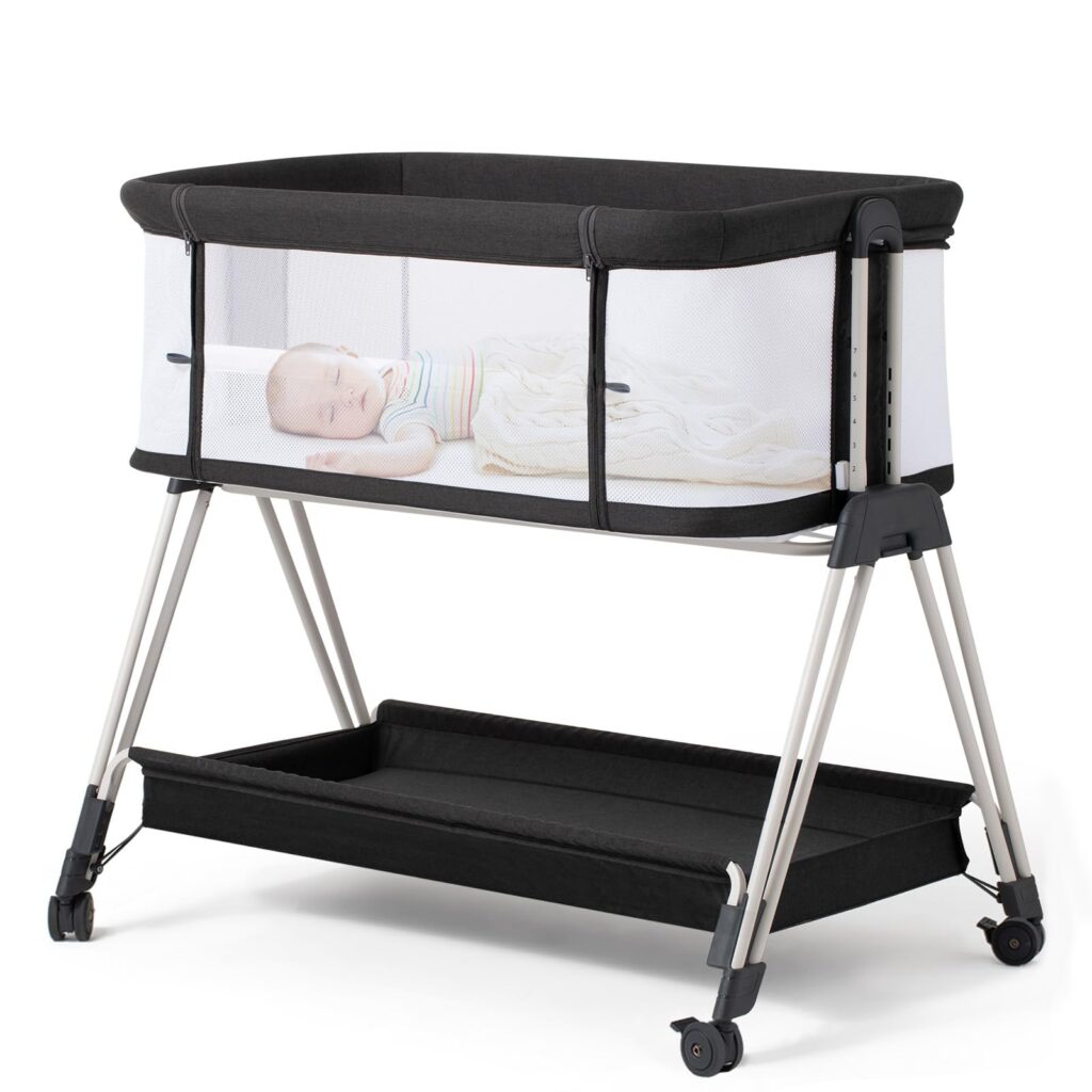 Fodoss Baby Bassinet Bedside Sleeper with Wheels and Storage Tray,4-Sided Mesh Bedside Bassinet for Infant/Newborn,7 Height Adjustable Easy Folding Bedside Crib