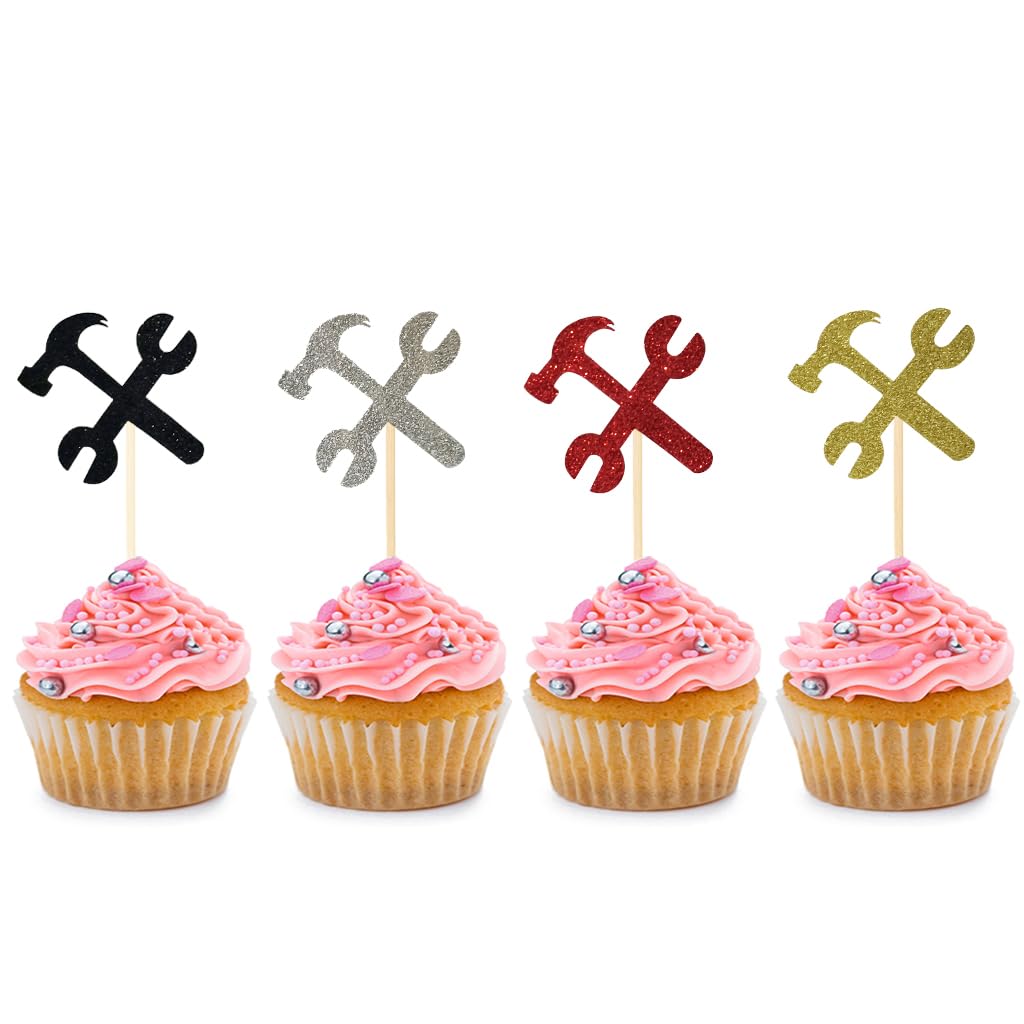 BoningNEW 24 PCS Repair Tools Cupcake Toppers Hammer Wrench Cupcake Picks for Kids Birthday Party Wedding ServiceTheme Party Cake Decorations Supplies（Glitter four colors: Black,Gold,Silver,Red）