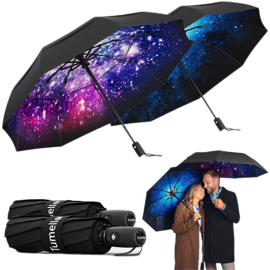 TUMELLA Strongest Windproof Travel Umbrella (Compact, Superior & Beautiful), Small Strong but Light Portable and Automatic Folding Rain Umbrella, Durable Premium Grip, Fits Car & Backpack